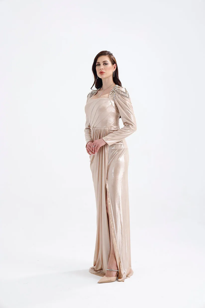 𝐆𝐎𝐋𝐃𝐈𝐄 Shoulder Embroidery Detail Draped Skirt Long Sleeve Evening Dress T56753