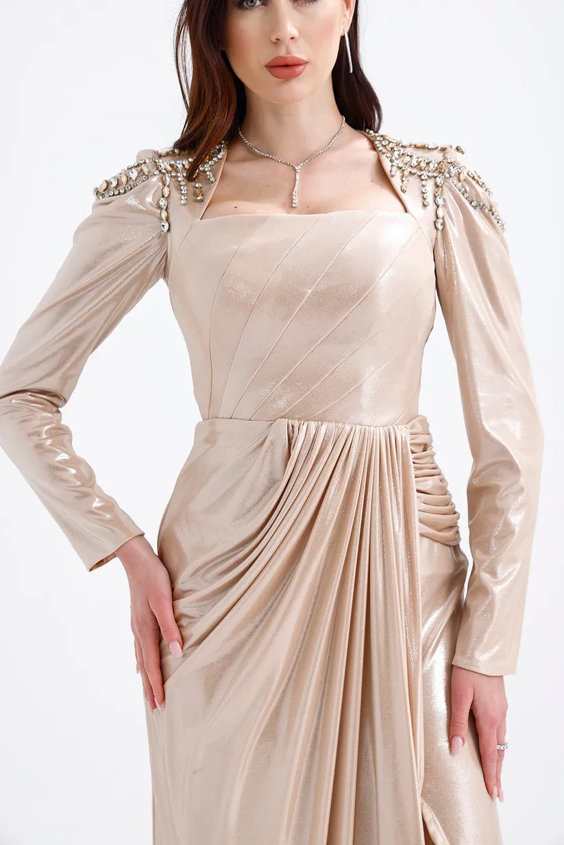 𝐆𝐎𝐋𝐃𝐈𝐄 Shoulder Embroidery Detail Draped Skirt Long Sleeve Evening Dress T56753