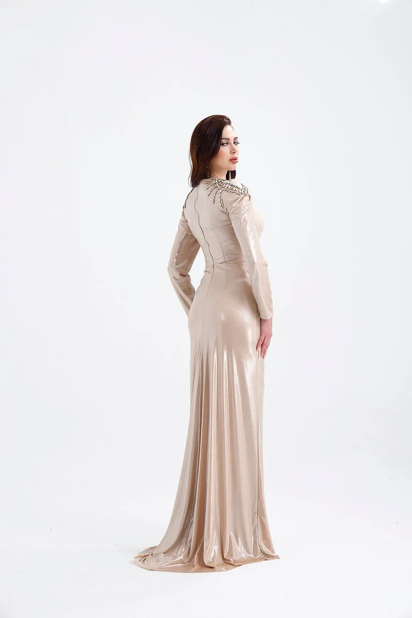 𝐆𝐎𝐋𝐃𝐈𝐄 Shoulder Embroidery Detail Draped Skirt Long Sleeve Evening Dress T56753