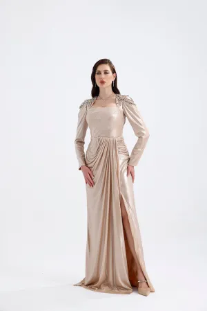 𝐆𝐎𝐋𝐃𝐈𝐄 Shoulder Embroidery Detail Draped Skirt Long Sleeve Evening Dress T56753