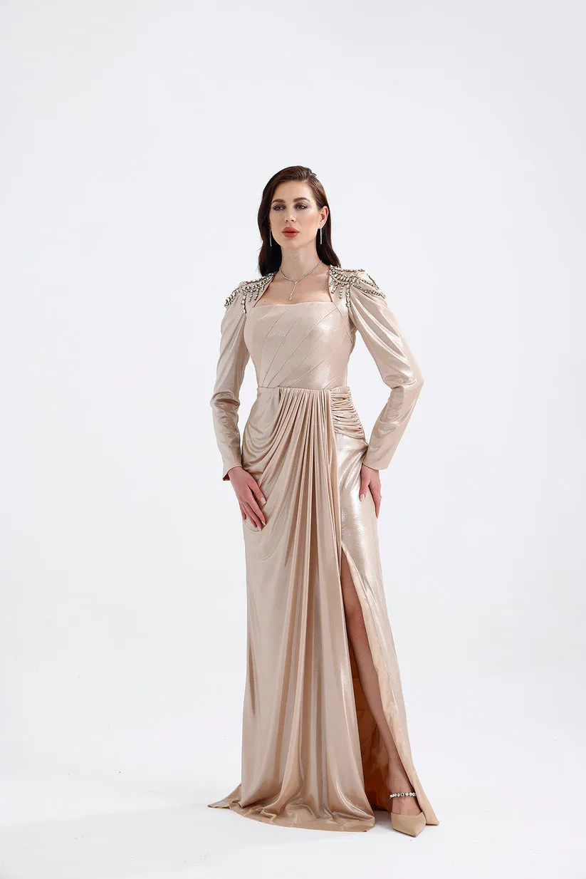 𝐆𝐎𝐋𝐃𝐈𝐄 Shoulder Embroidery Detail Draped Skirt Long Sleeve Evening Dress T56753