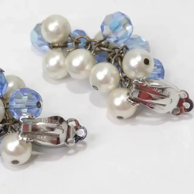 1980s Faux Pearl Blue Rhinestone Dangle Earrings