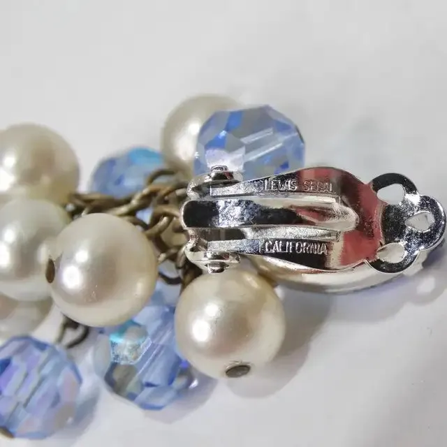 1980s Faux Pearl Blue Rhinestone Dangle Earrings