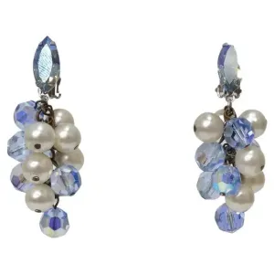 1980s Faux Pearl Blue Rhinestone Dangle Earrings