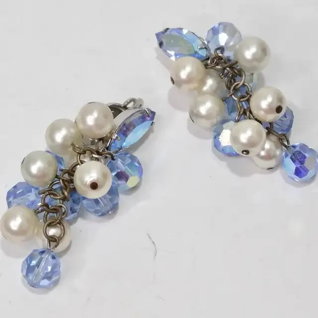 1980s Faux Pearl Blue Rhinestone Dangle Earrings