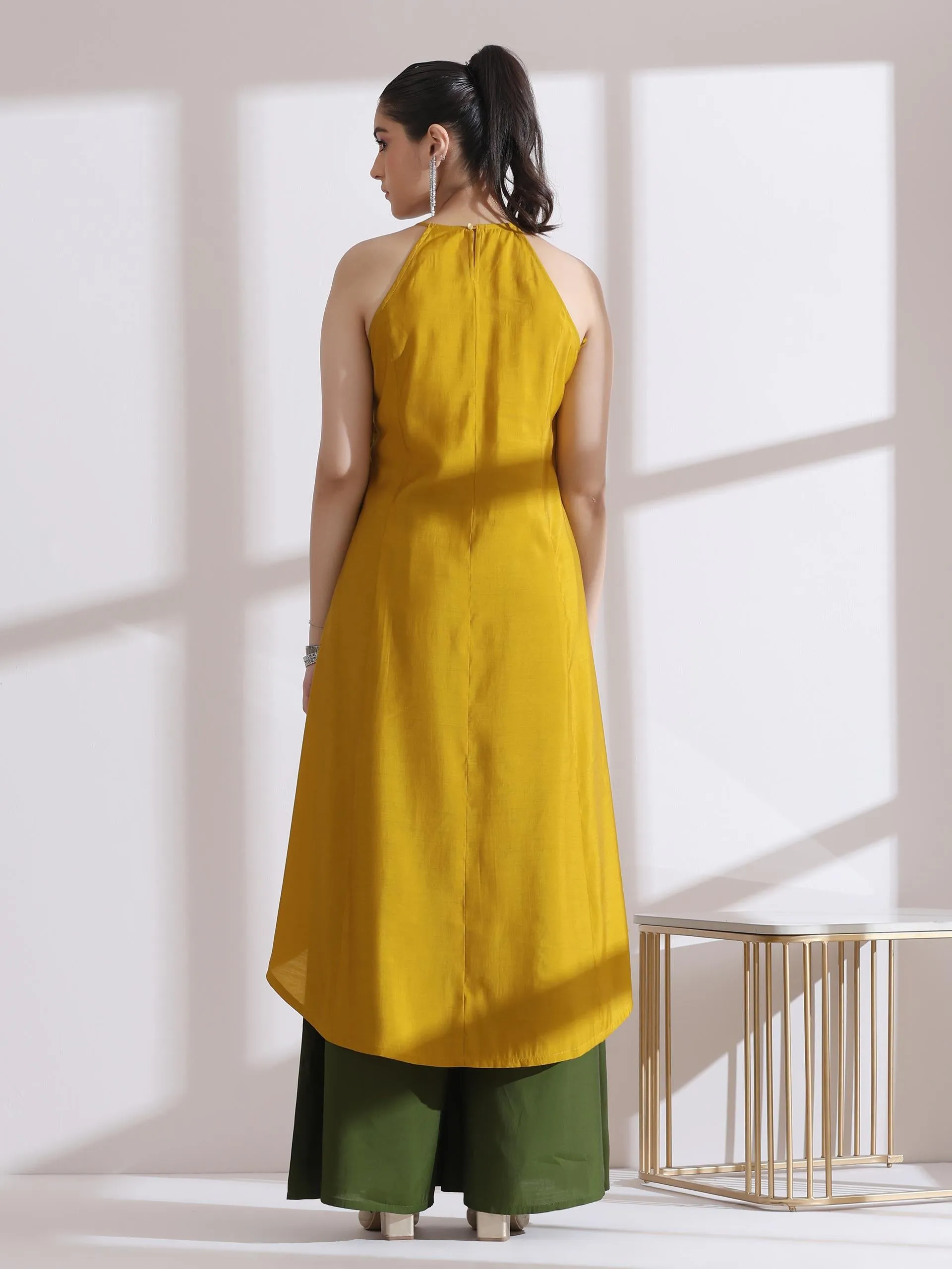 2 Pc Set - Airskin Mustard With Bronze Beads Halter Kurta And Plazzo Pants