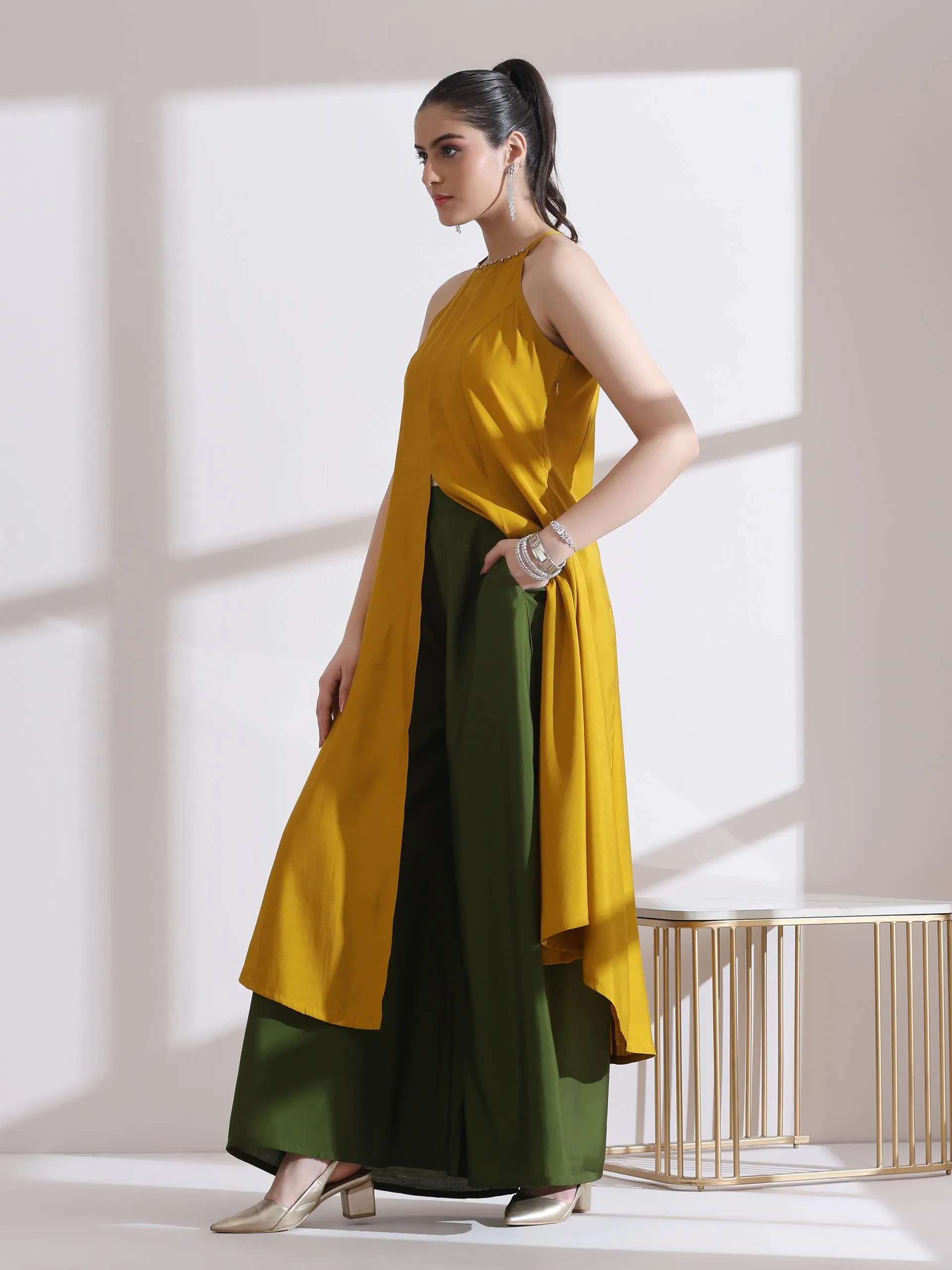 2 Pc Set - Airskin Mustard With Bronze Beads Halter Kurta And Plazzo Pants