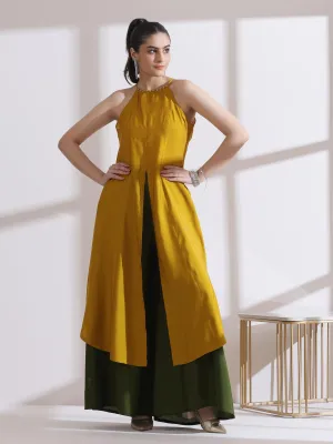2 Pc Set - Airskin Mustard With Bronze Beads Halter Kurta And Plazzo Pants