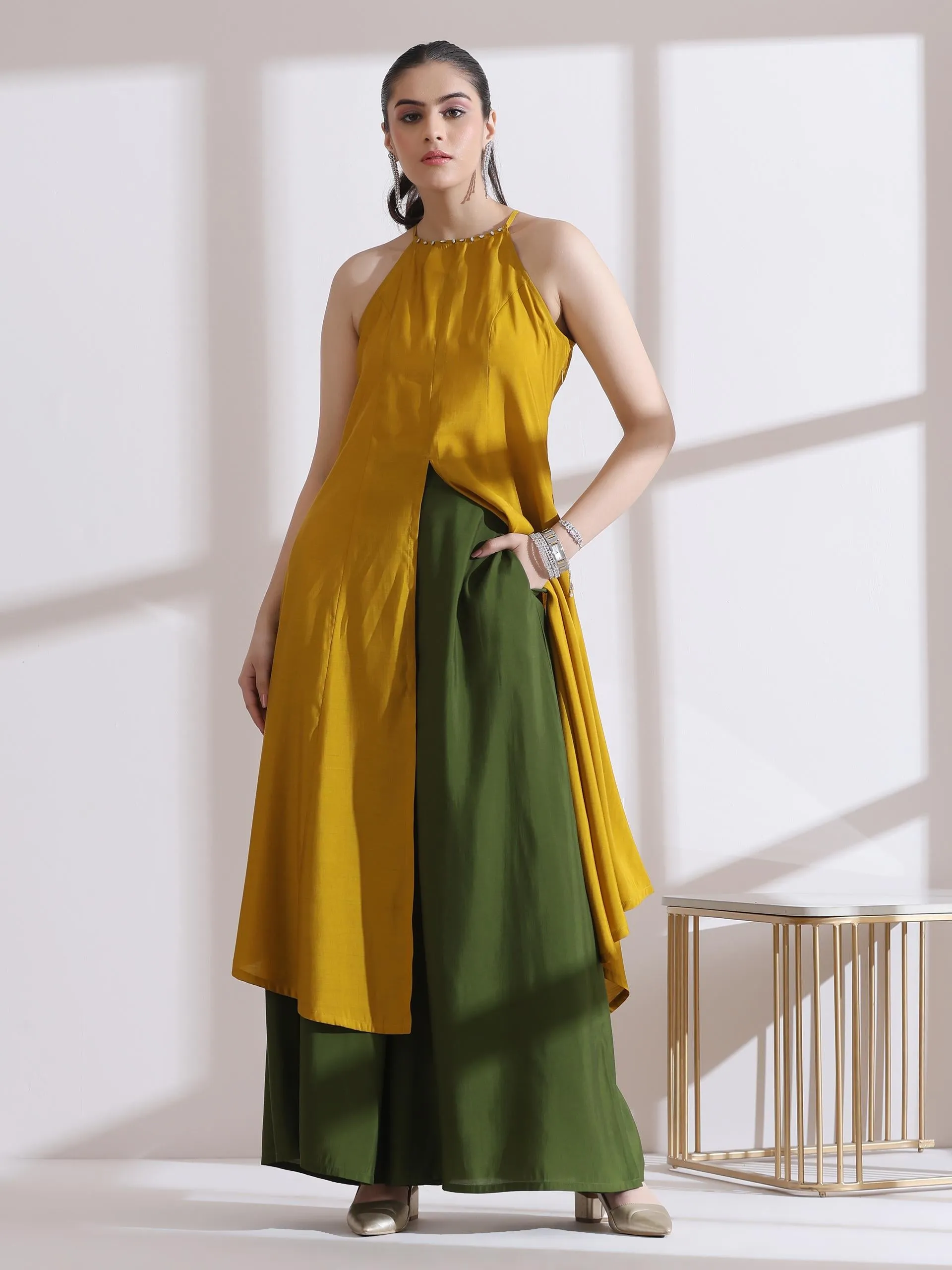 2 Pc Set - Airskin Mustard With Bronze Beads Halter Kurta And Plazzo Pants