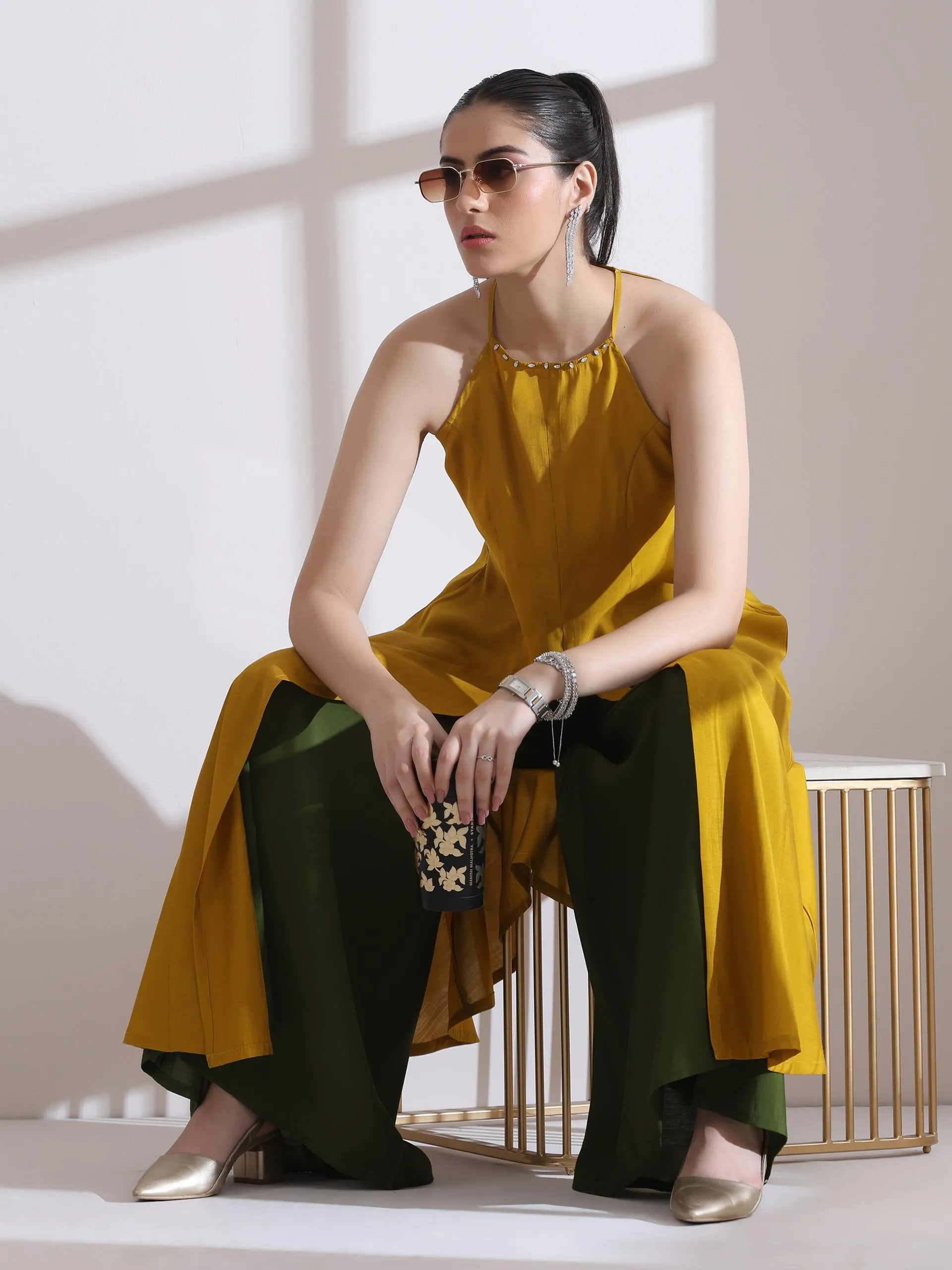2 Pc Set - Airskin Mustard With Bronze Beads Halter Kurta And Plazzo Pants
