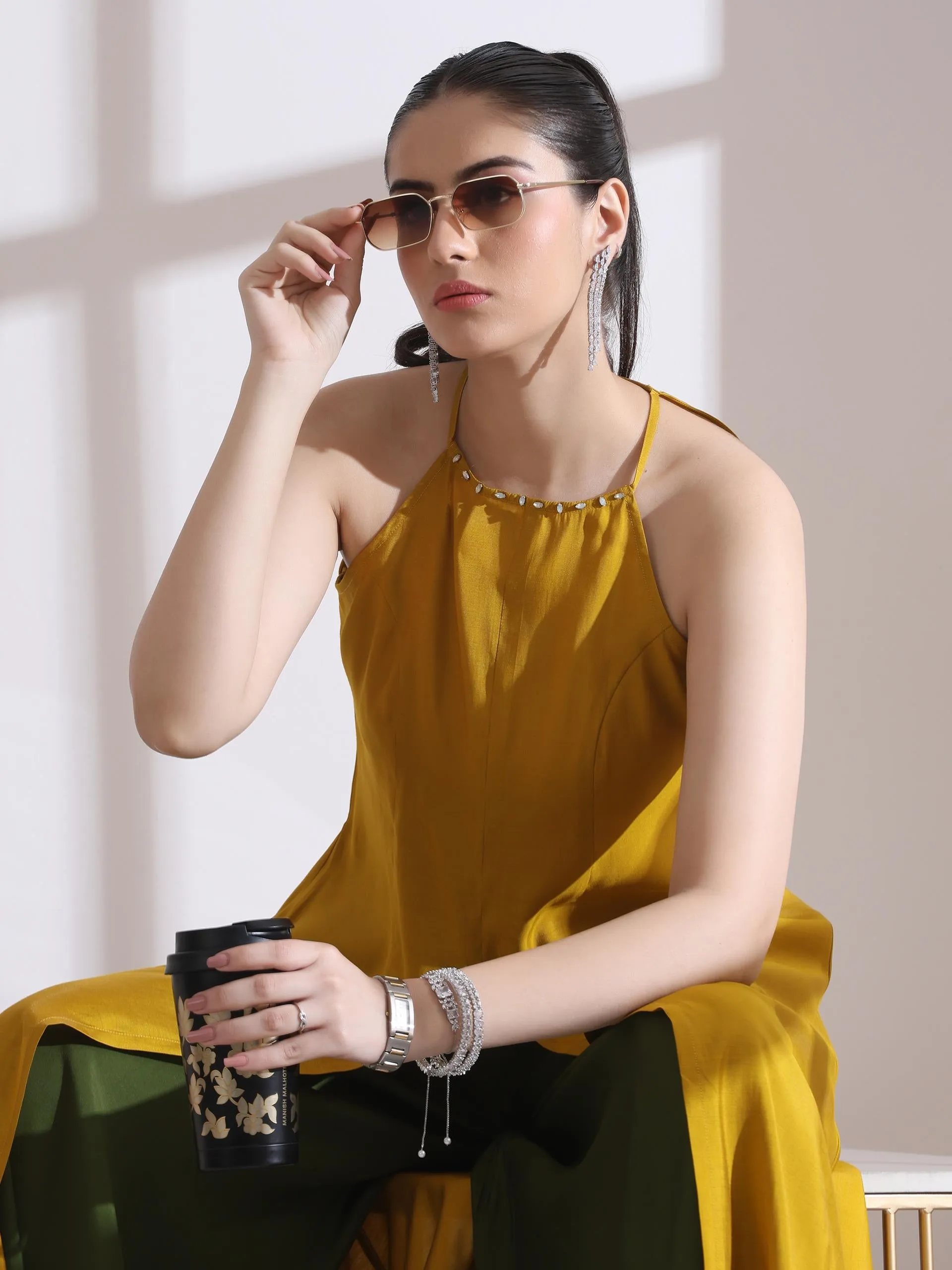 2 Pc Set - Airskin Mustard With Bronze Beads Halter Kurta And Plazzo Pants