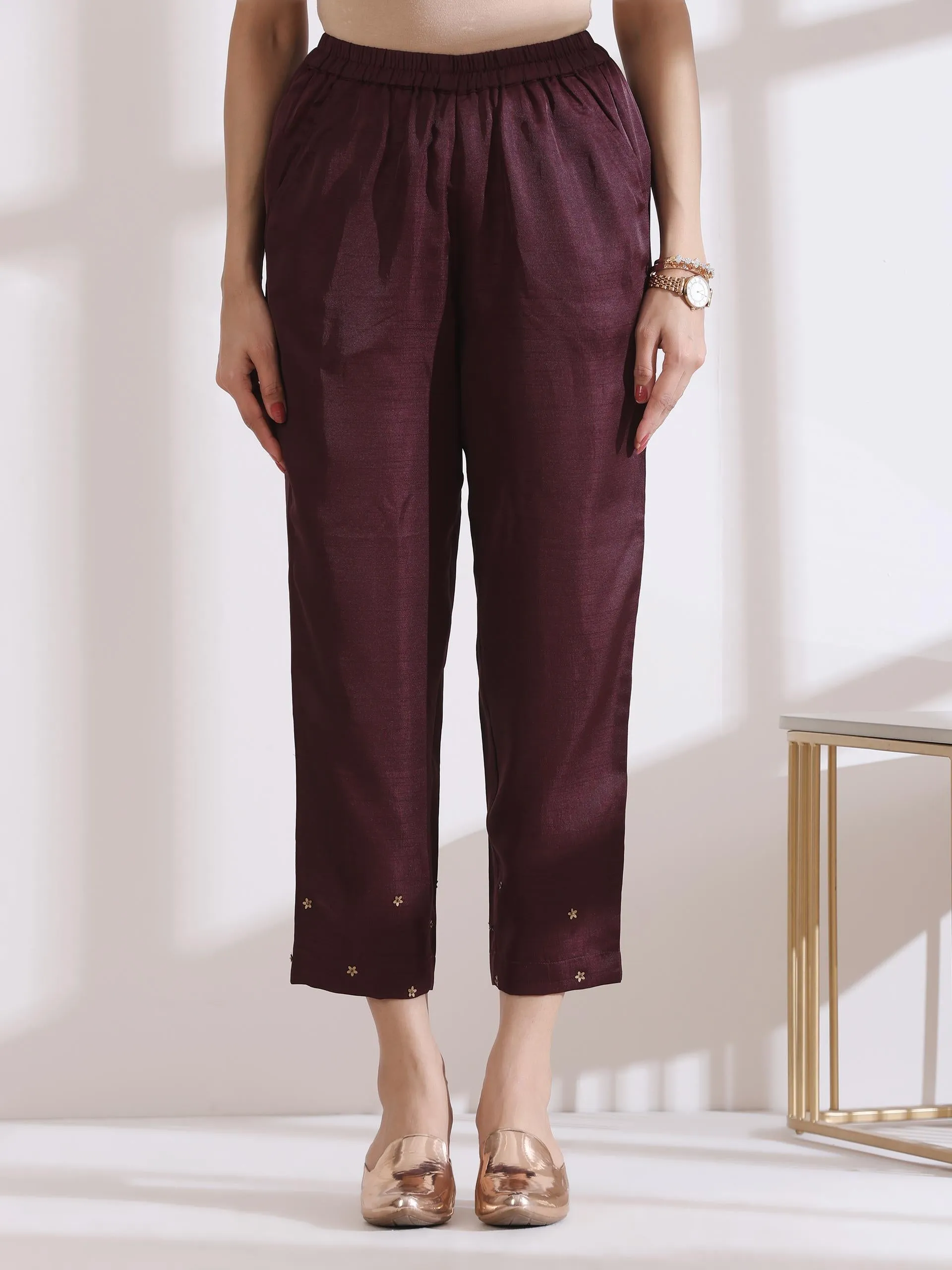 2 Pc Set - Prf'T Lux Chocolate Sleveless Kurta With Beads And Pants