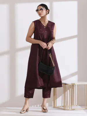 2 Pc Set - Prf'T Lux Chocolate Sleveless Kurta With Beads And Pants