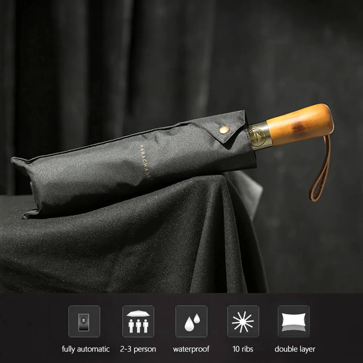 Automatic Folding Umbrella - Elegant Wooden Handle