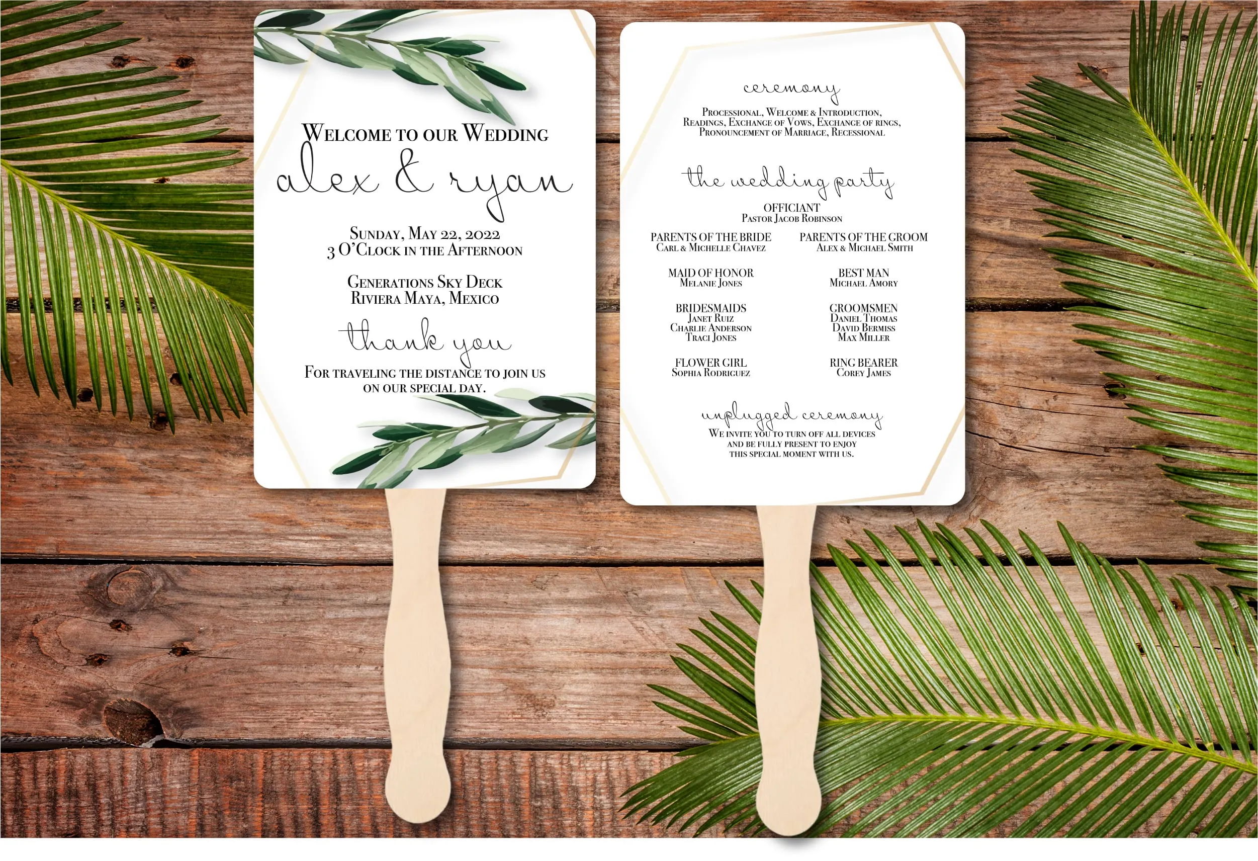 Beach Wedding Program Fans - Greenery