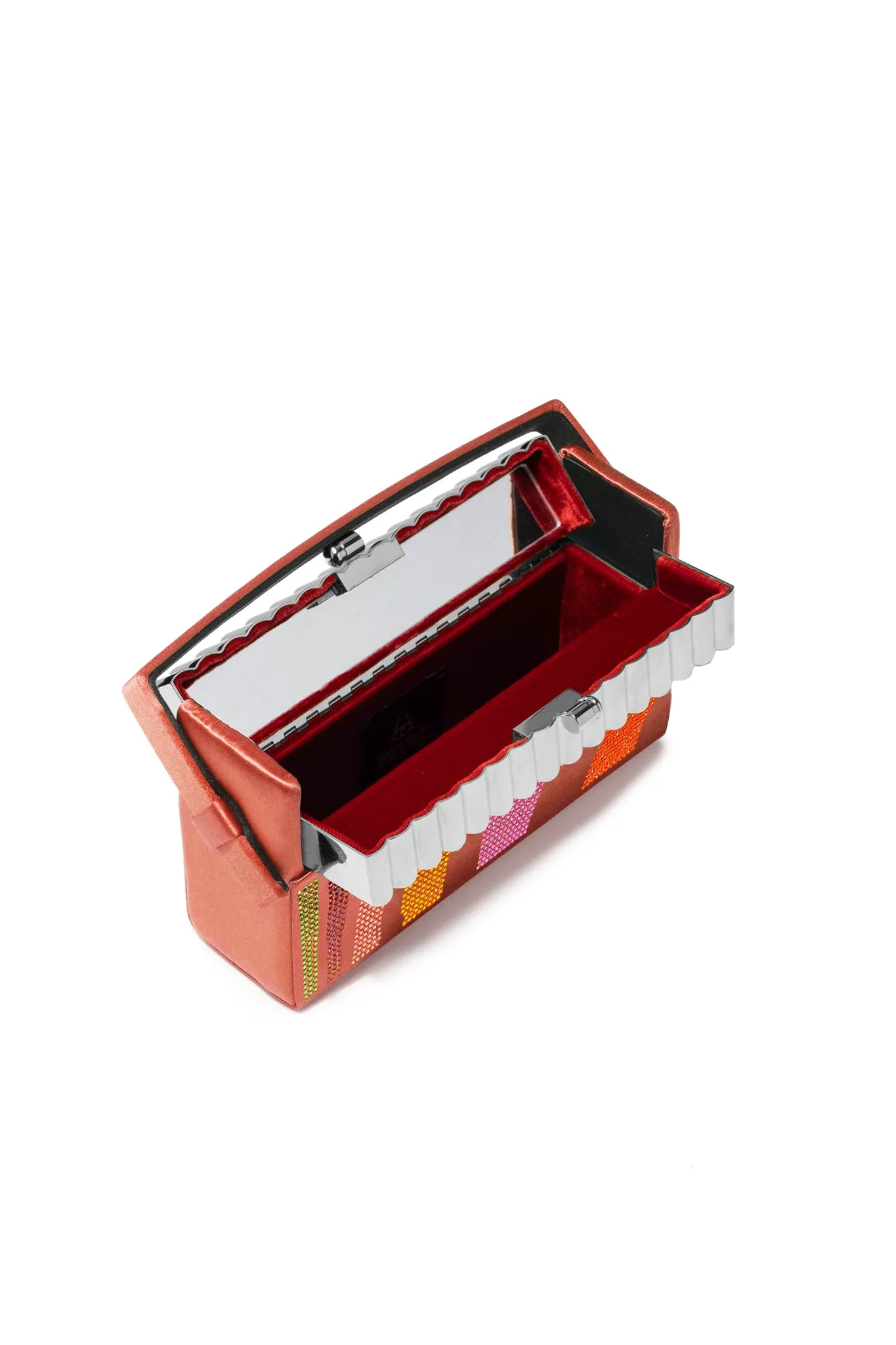 BIENEN DAVIS x AURETA Silver Tubular Xenon Minaudière with Coral Zebra Swarovski Crystal Case