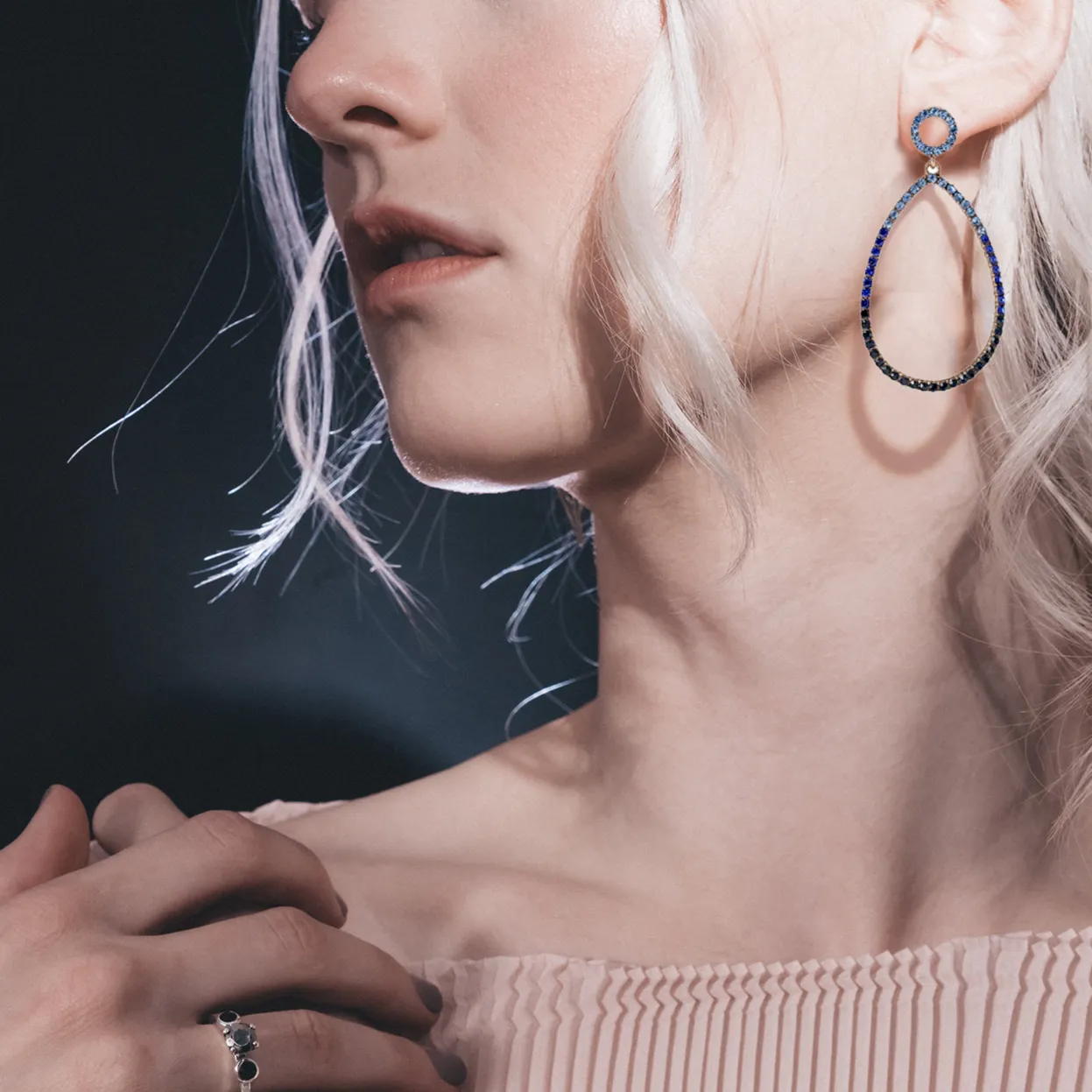 Blue Rhinestone Pavé Teardrop Hoop Earrings