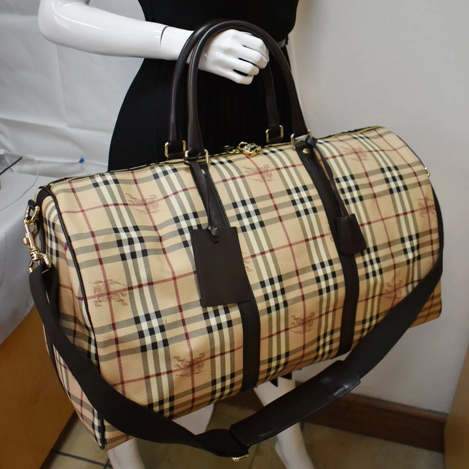 BURBERRY Haymarket Check Coated Canvas Travel Bag Beige