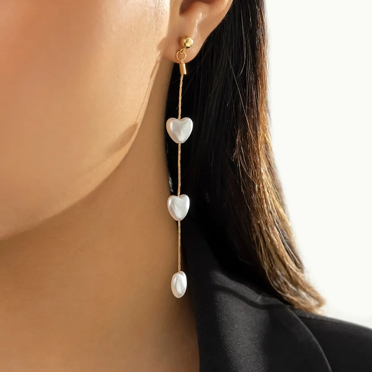 Chic Dangling Heart Pearl Chain Earrings