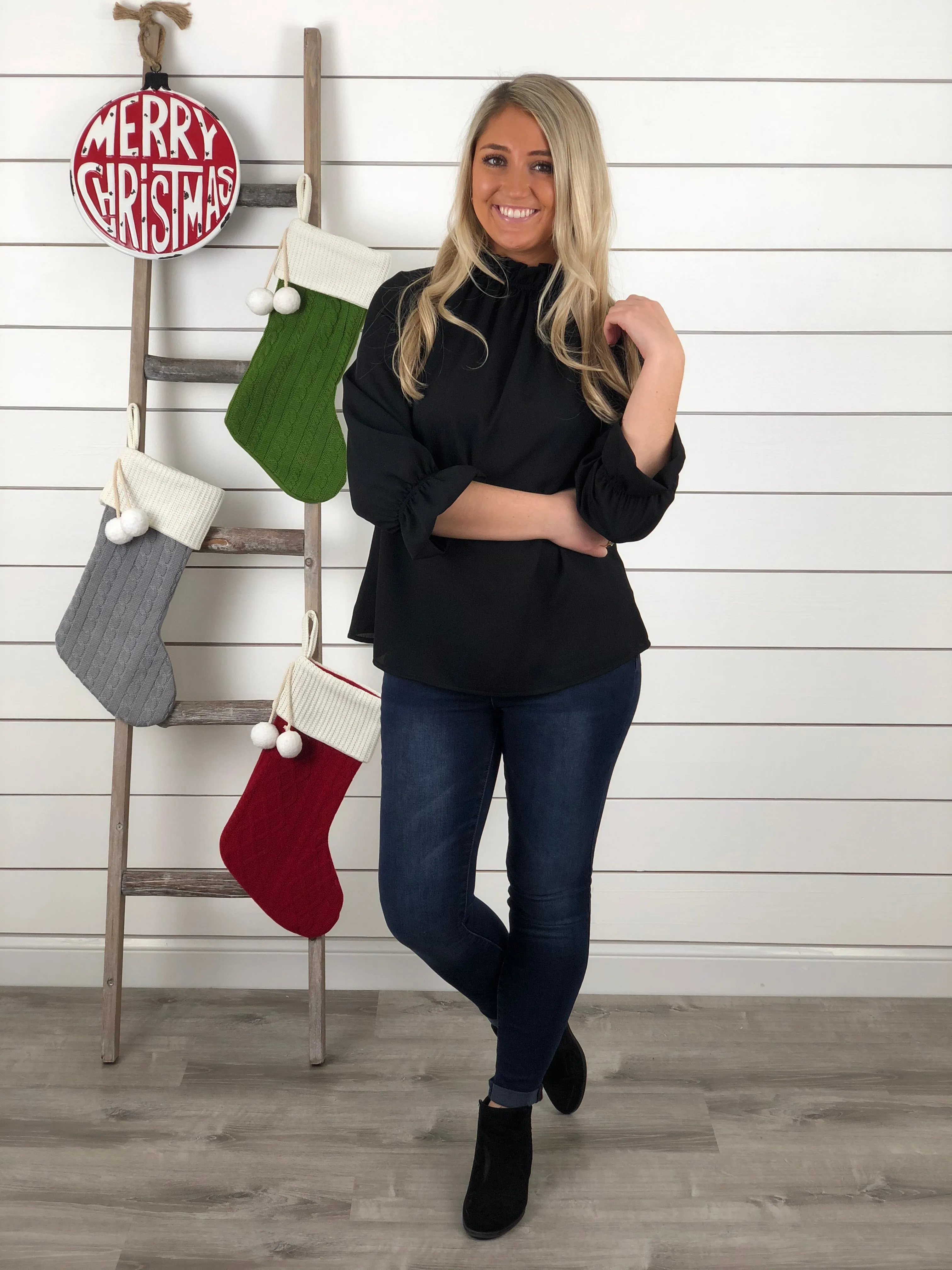 Chic Holiday Blouse - Black - Restocked!!