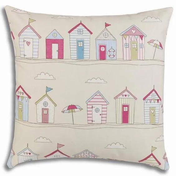 Coast Beach Huts Cushion Cover - Pink