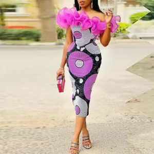 Colorful Off Shoulder Ruffle Design Midi Dress