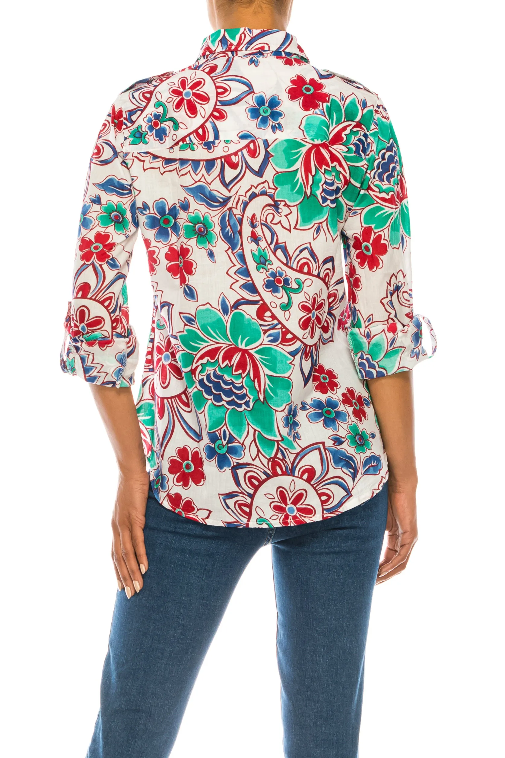 Floral Print Button-Down Shirt With Shoulder Epaulettes