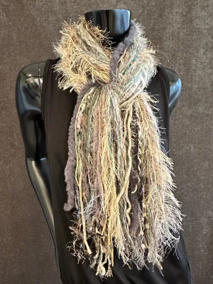 Fringe scrappy scarf, olive taupe scarf, casual fashion scarf, Handmade Boho Scarf, funky indie clothing, women gifts