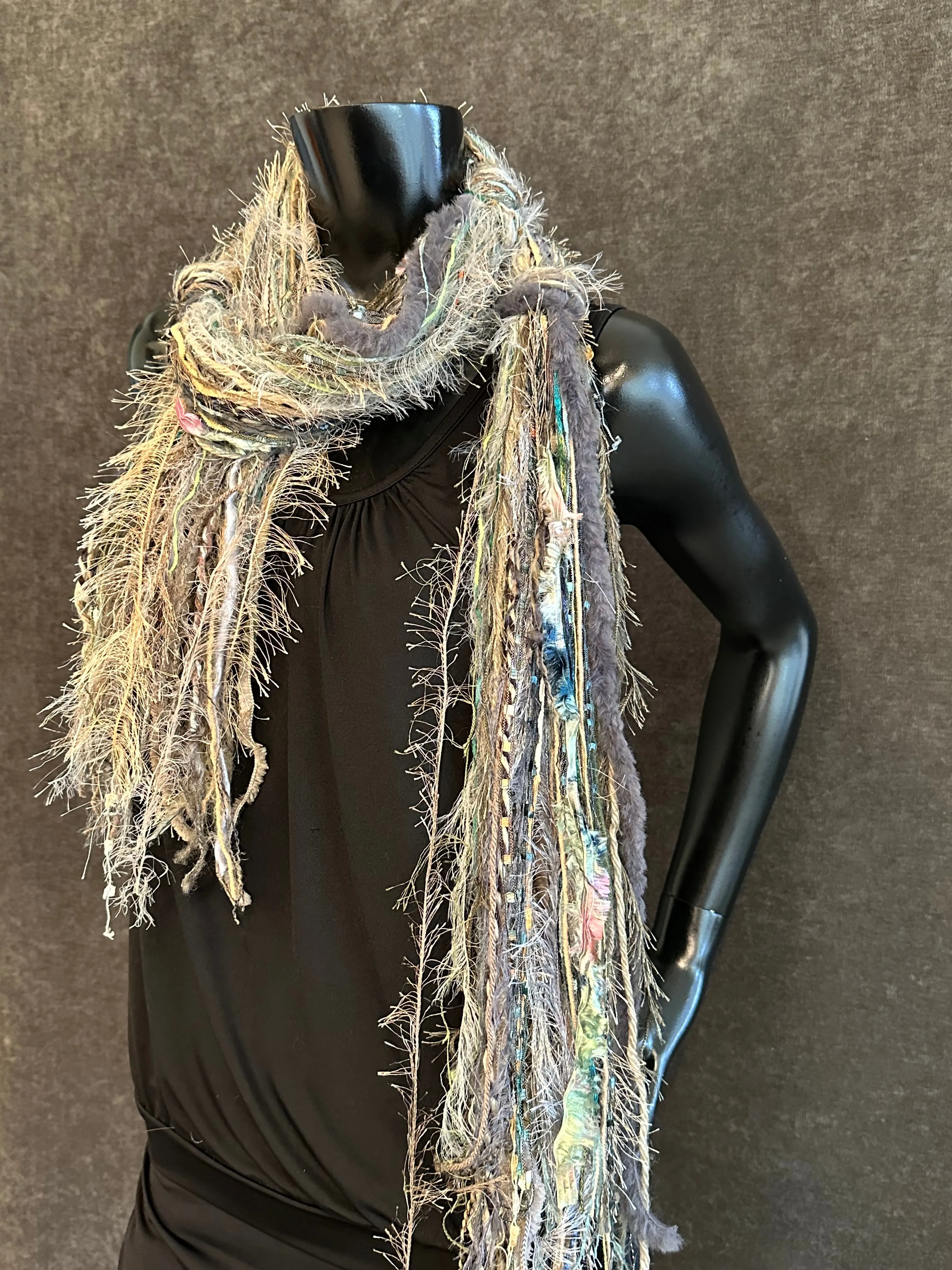 Fringe scrappy scarf, olive taupe scarf, casual fashion scarf, Handmade Boho Scarf, funky indie clothing, women gifts
