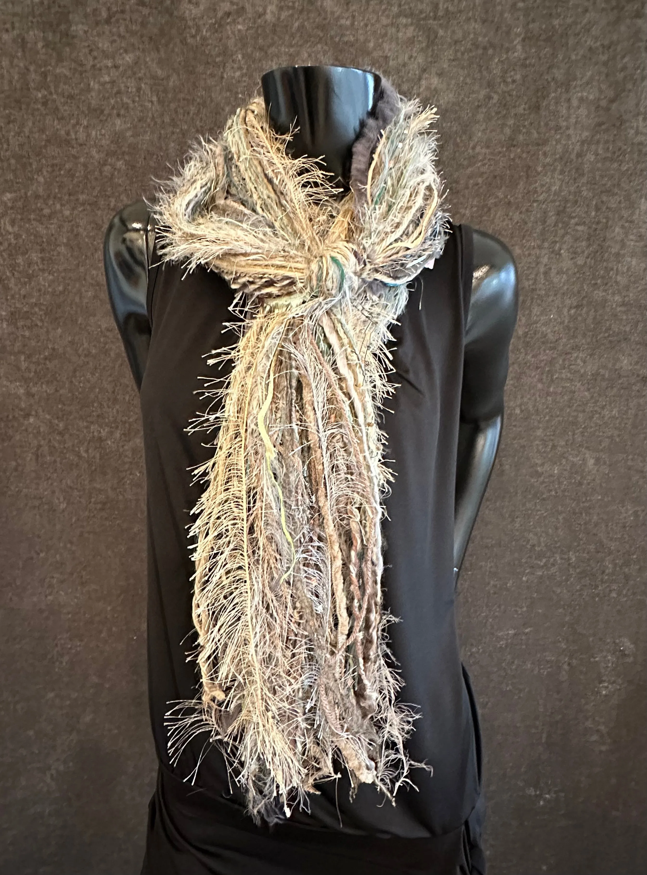 Fringe scrappy scarf, olive taupe scarf, casual fashion scarf, Handmade Boho Scarf, funky indie clothing, women gifts