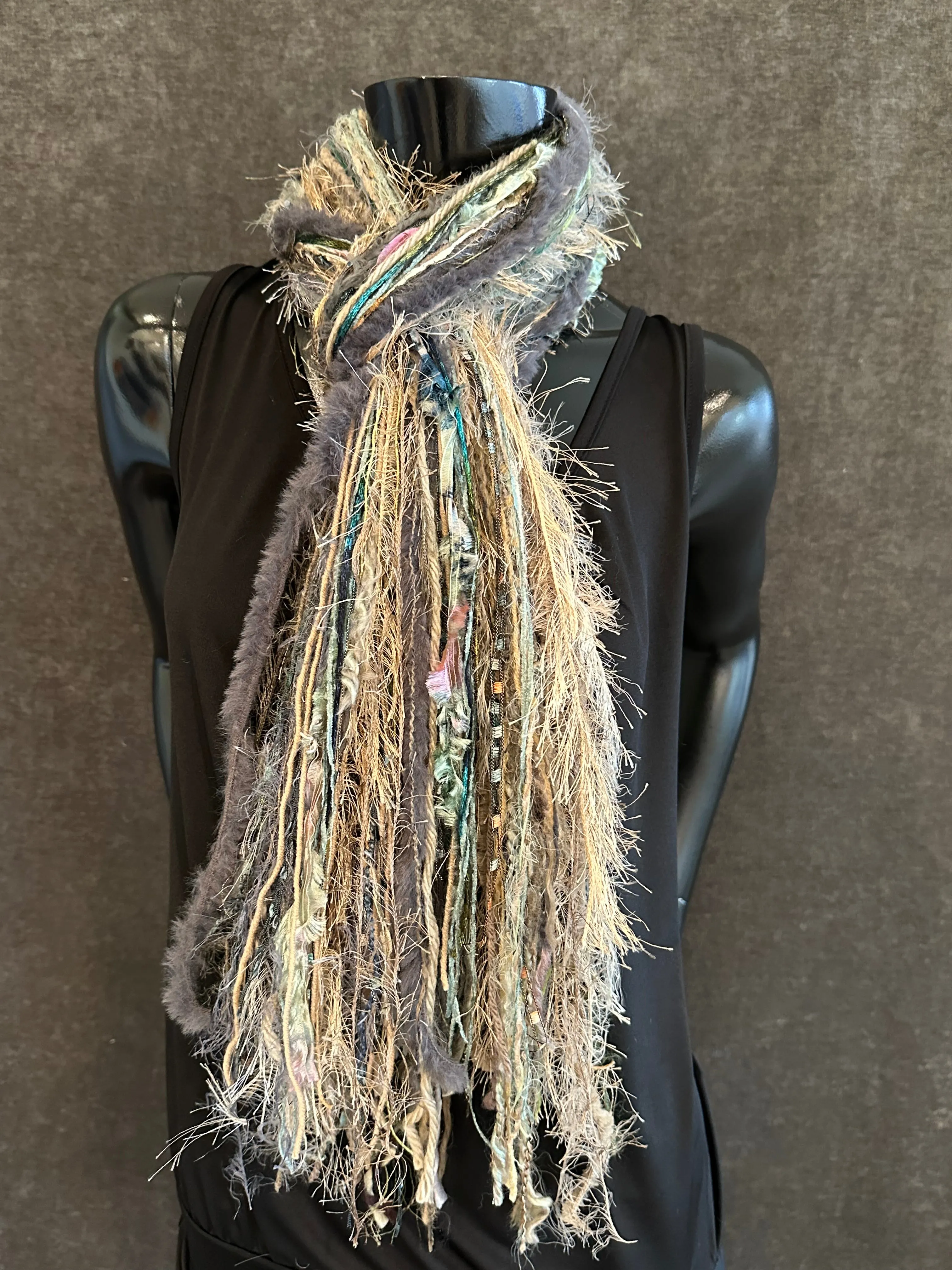 Fringe scrappy scarf, olive taupe scarf, casual fashion scarf, Handmade Boho Scarf, funky indie clothing, women gifts