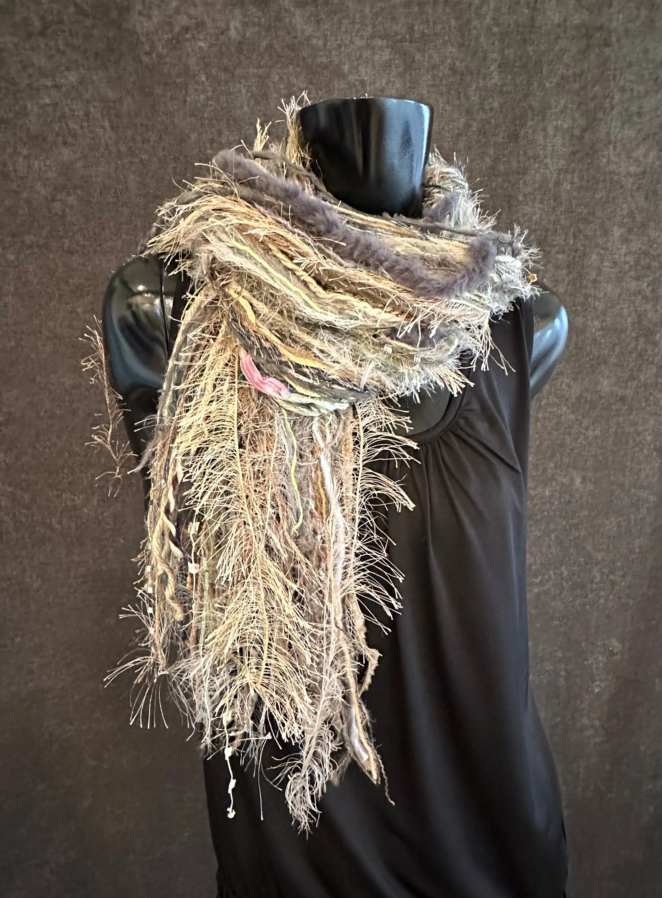 Fringe scrappy scarf, olive taupe scarf, casual fashion scarf, Handmade Boho Scarf, funky indie clothing, women gifts