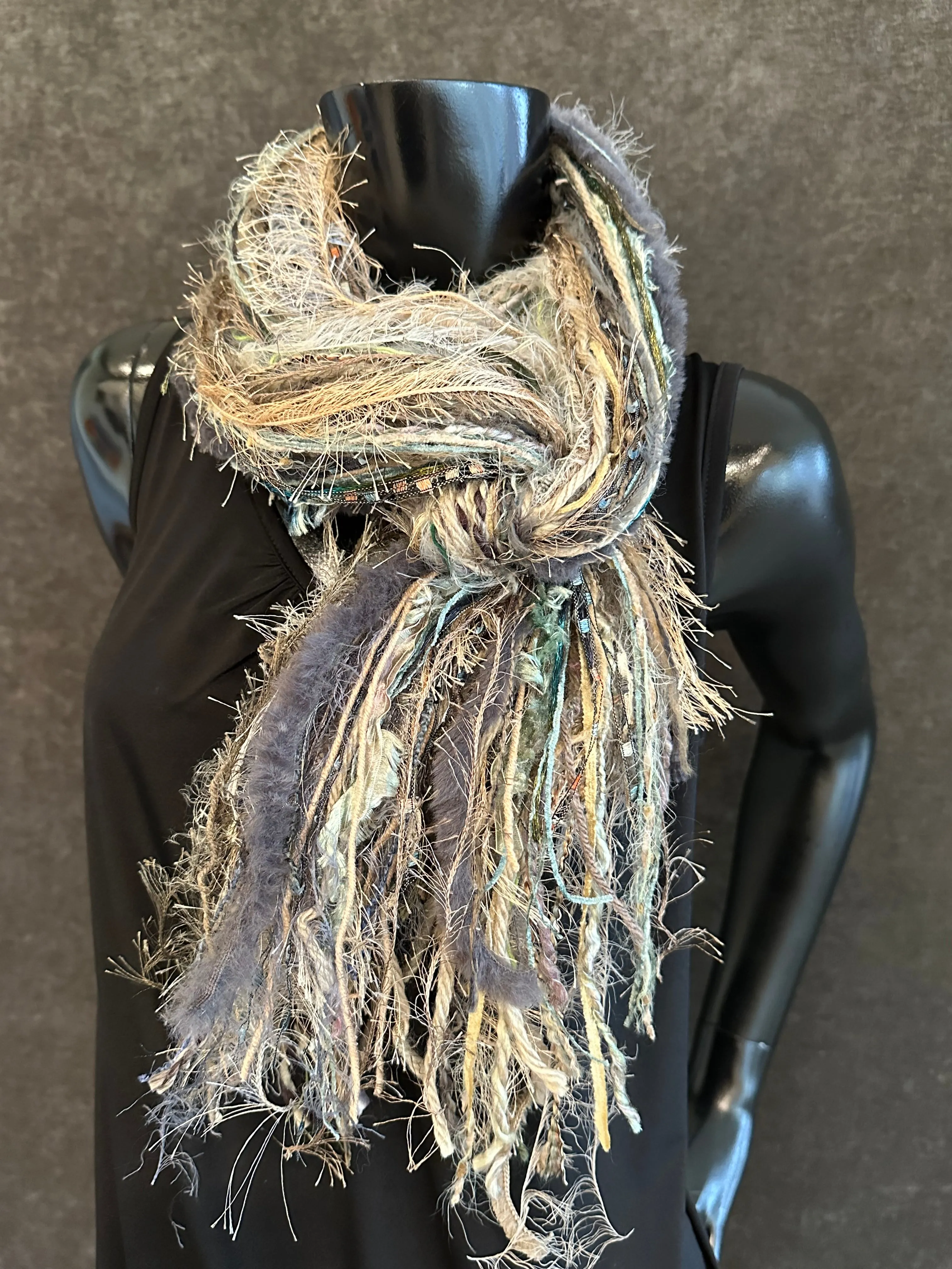 Fringe scrappy scarf, olive taupe scarf, casual fashion scarf, Handmade Boho Scarf, funky indie clothing, women gifts