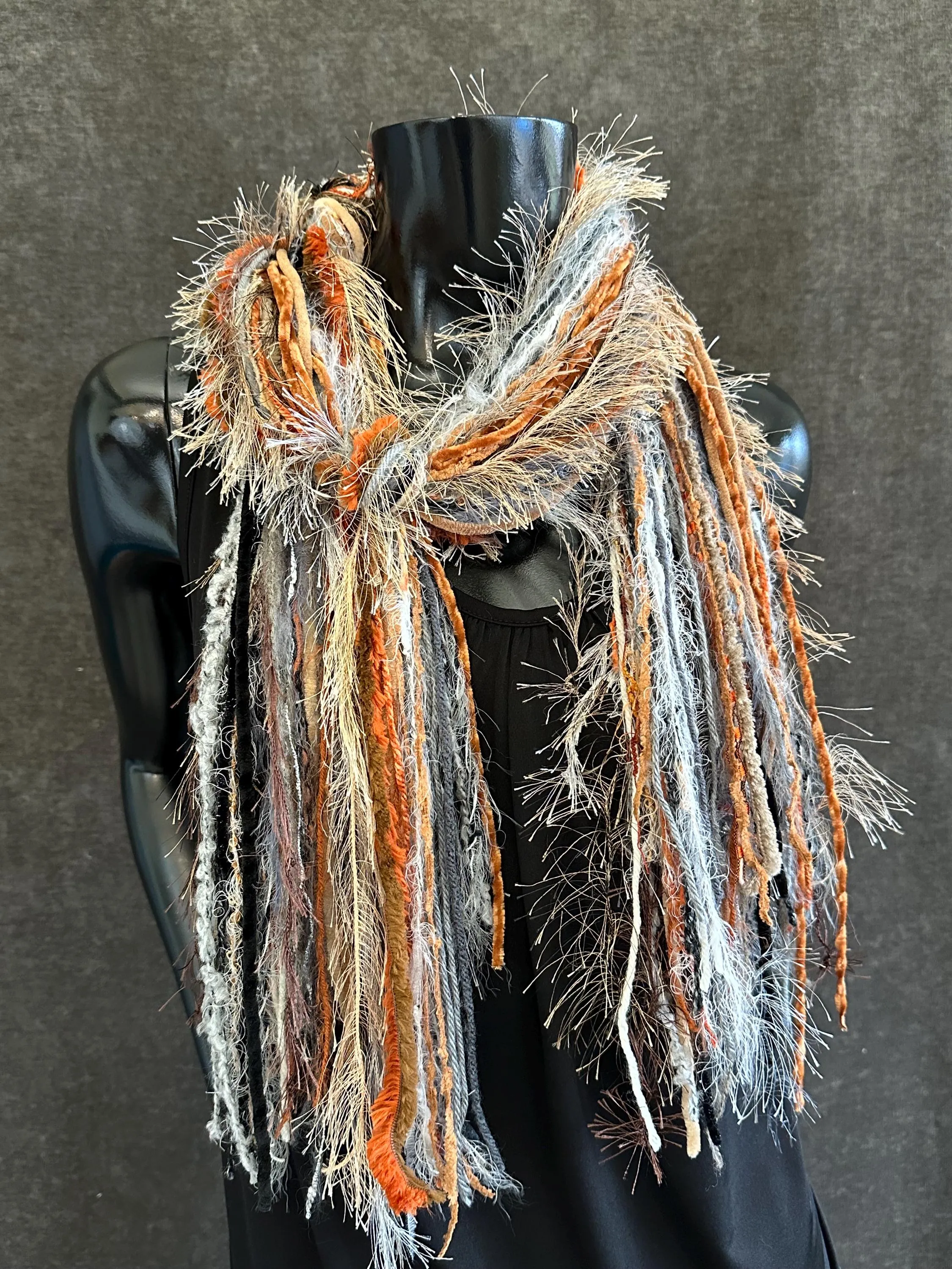 Fringie Yarn Scarf, Gray Rust Tan handmade boho funky Scarf