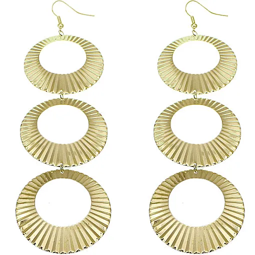 Gold Crinkle Triple Hoop Dangle Earrings