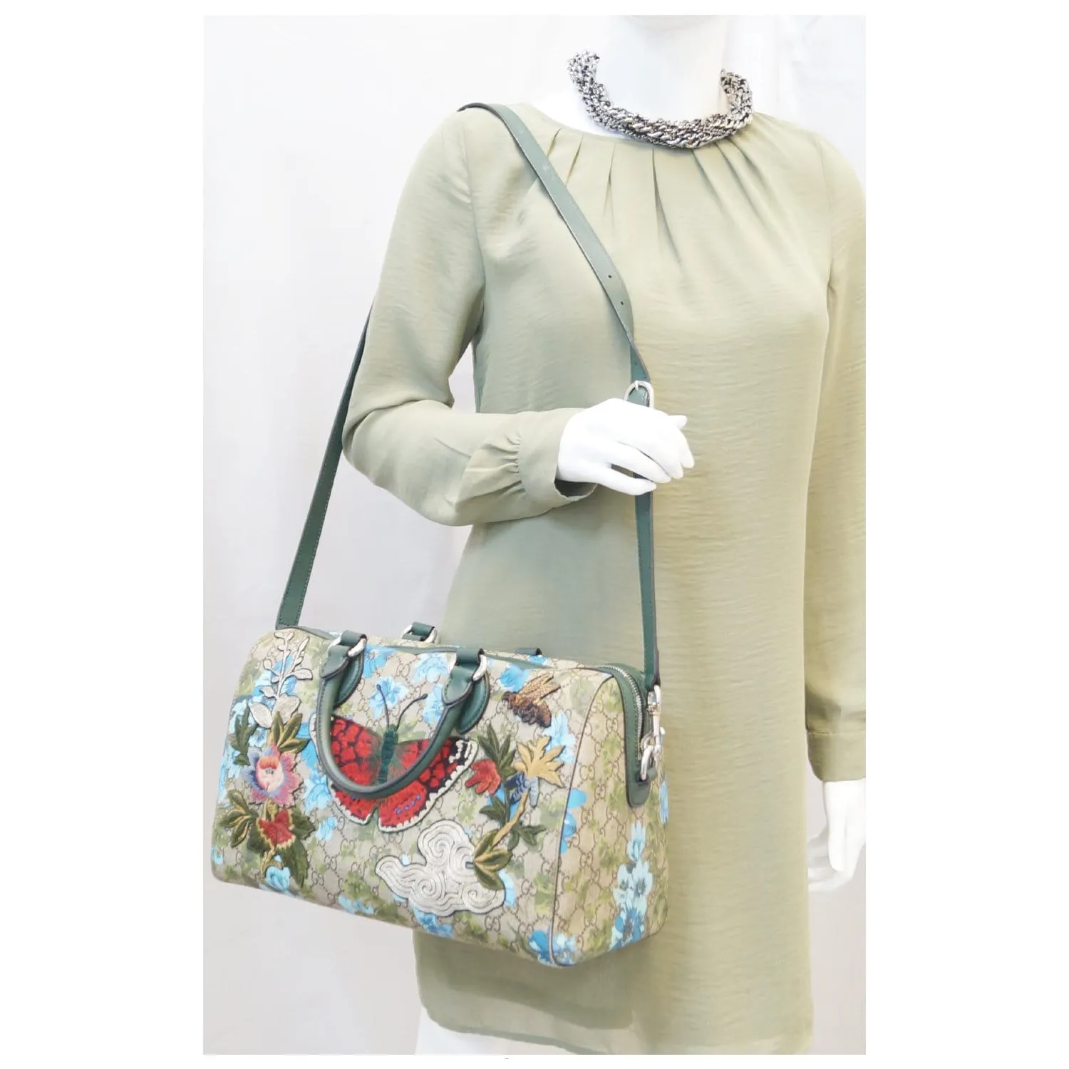 GUCCI Linea A Butterfly Embroidered Boston Shoulder Bag