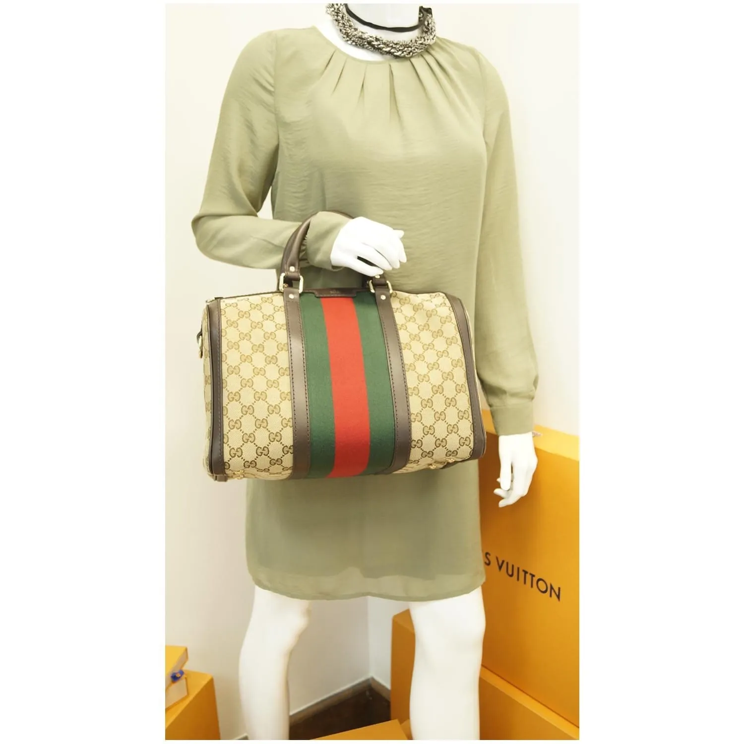 GUCCI Vintage Web Original GG Boston Bag Beige 247205