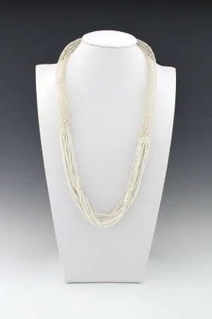 Hollow Crochet Silver Wire tube interspersed with white faceted bead necklace