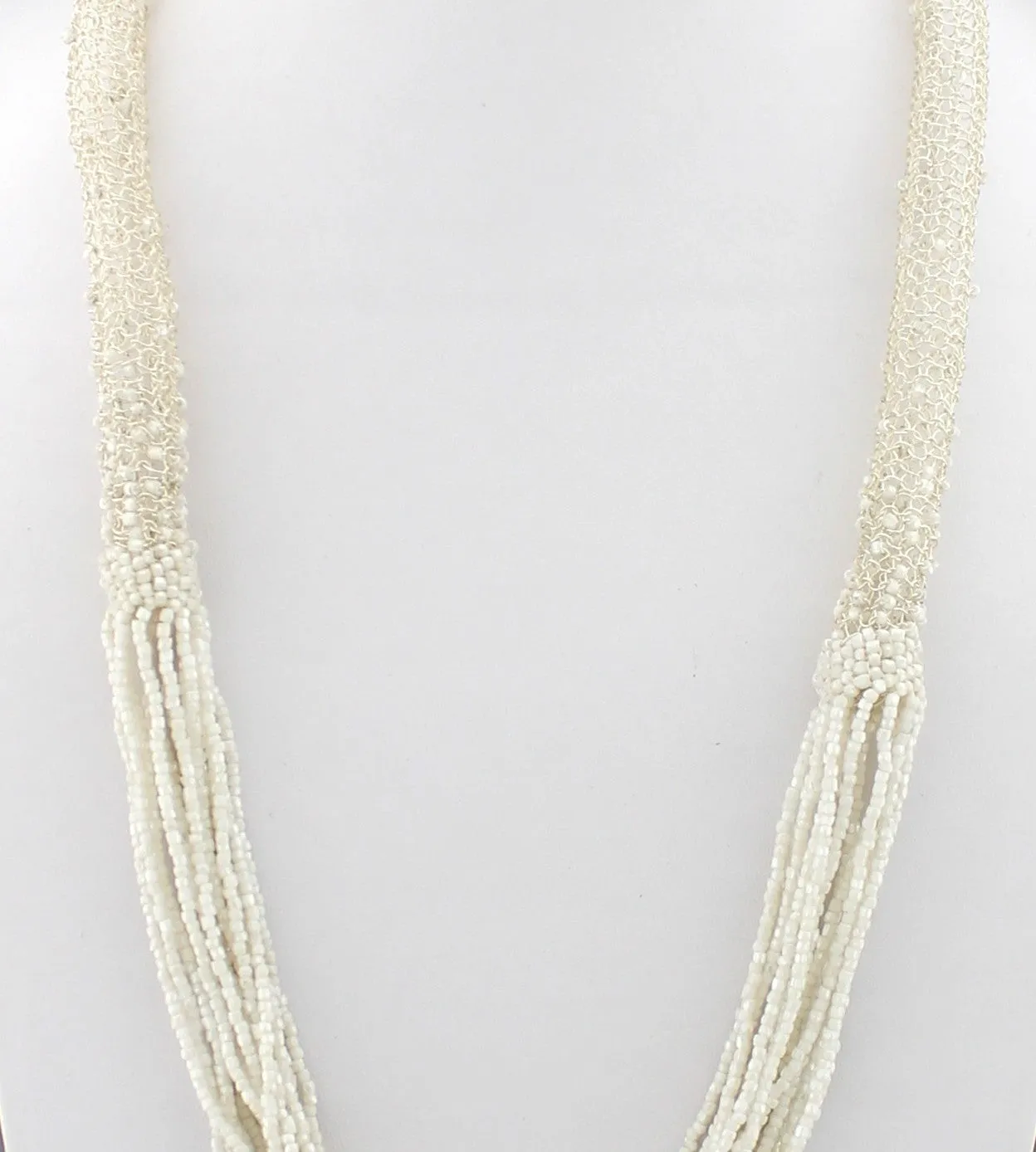 Hollow Crochet Silver Wire tube interspersed with white faceted bead necklace