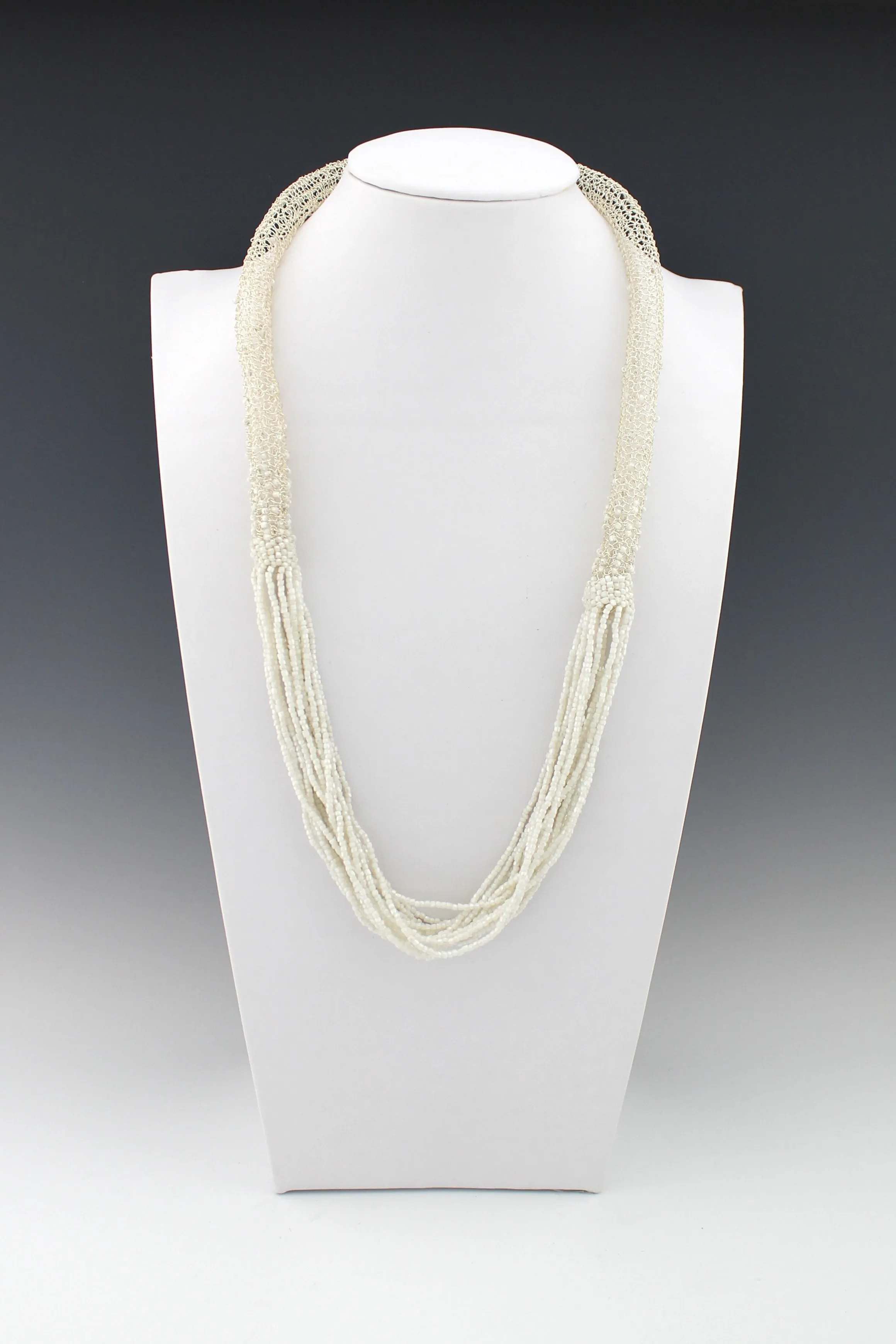 Hollow Crochet Silver Wire tube interspersed with white faceted bead necklace