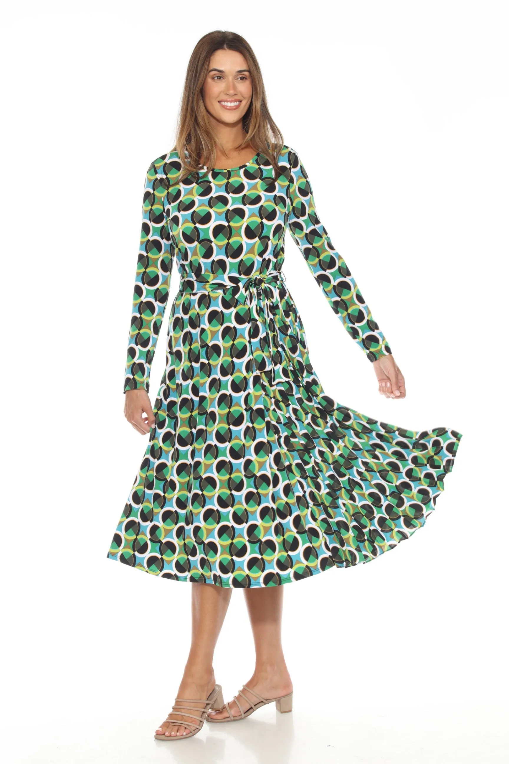 Joseph Ribkoff Vanilla/Multi Geometric Print Belted Midi Dress 243091