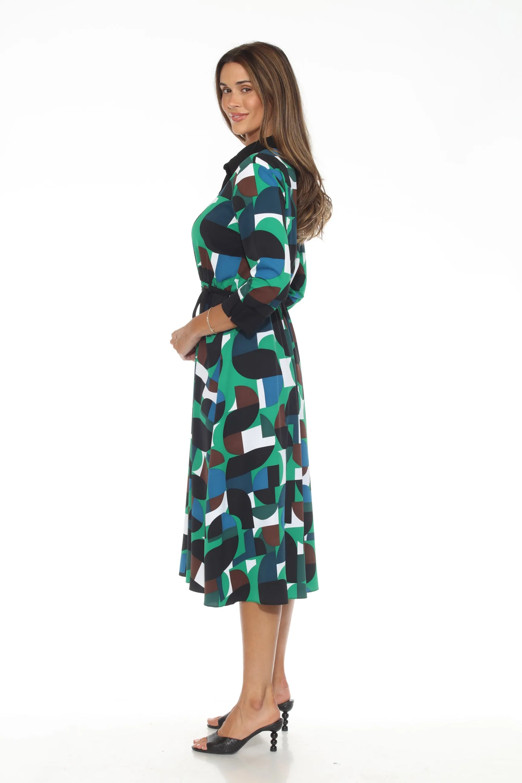 Joseph Ribkoff Vanilla/Multi Geometric Print Midi Shirt Dress 243221