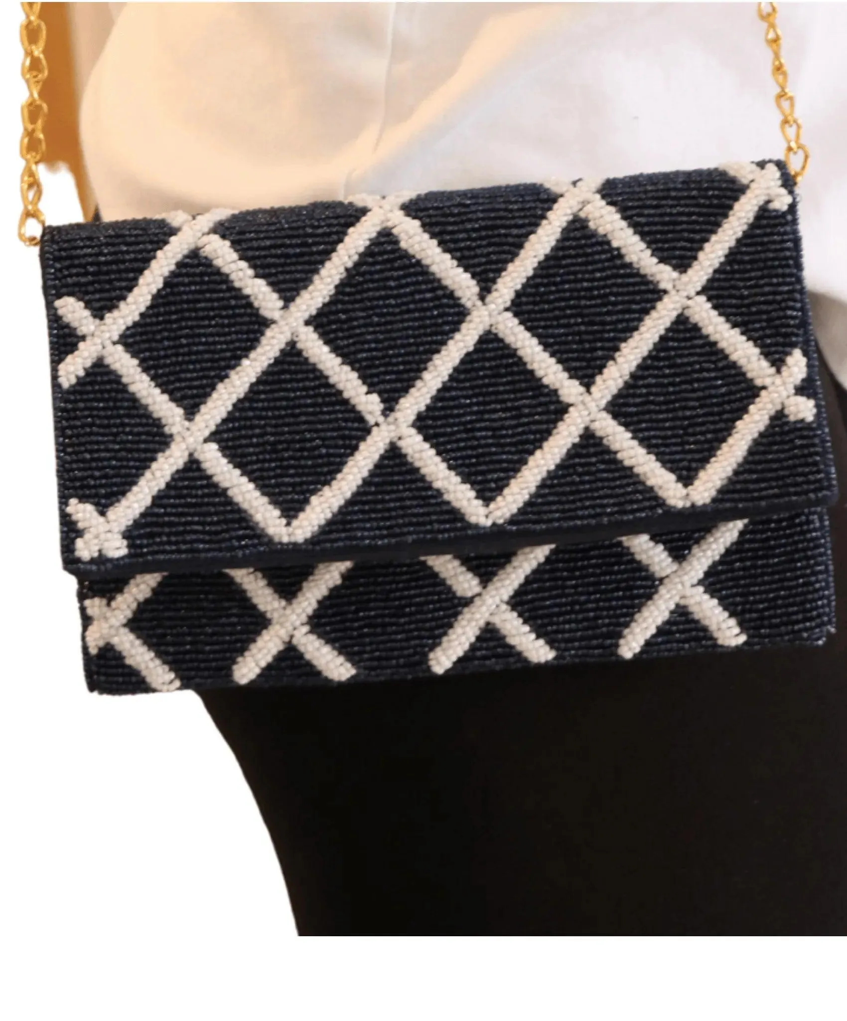 Kendall Navy Beaded Fold-over Clutch:  A Classic New England Statement Piece!