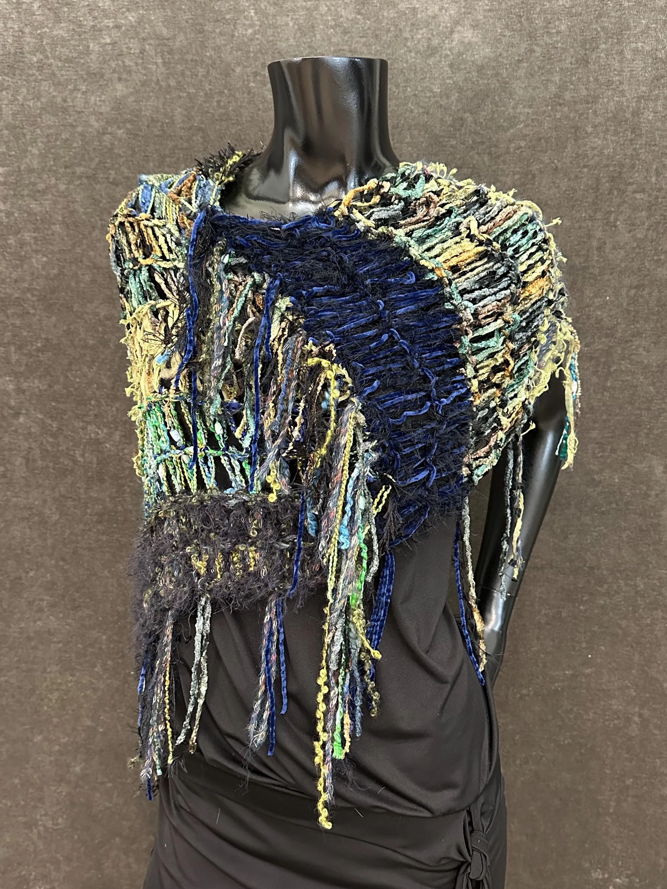 Knit boho poncho, knit wrap pull-over, moss green navy shoulder wrap, indie clothing
