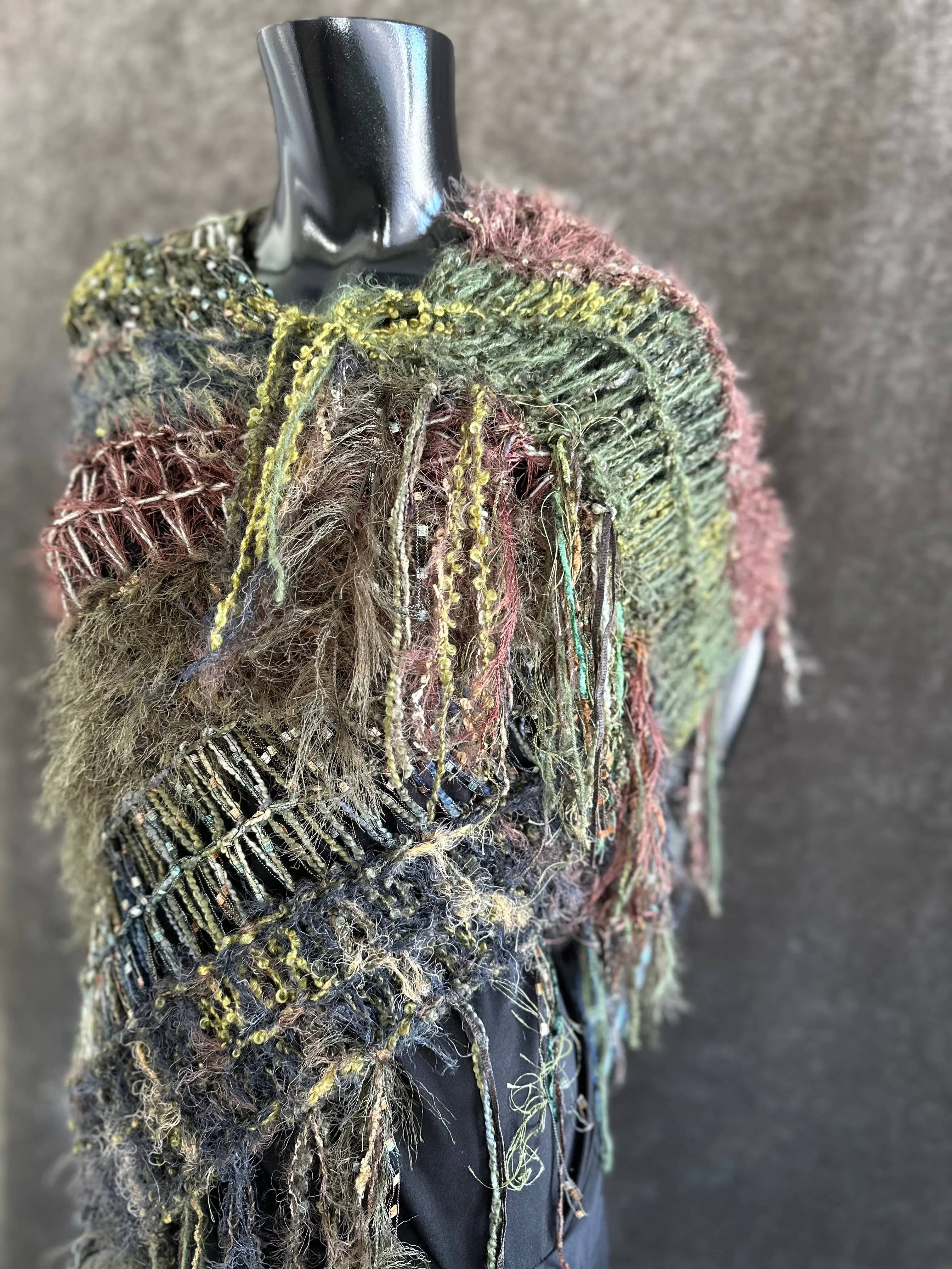 Knit boho poncho, knit wrap pull-over, olive green brown shoulder wrap