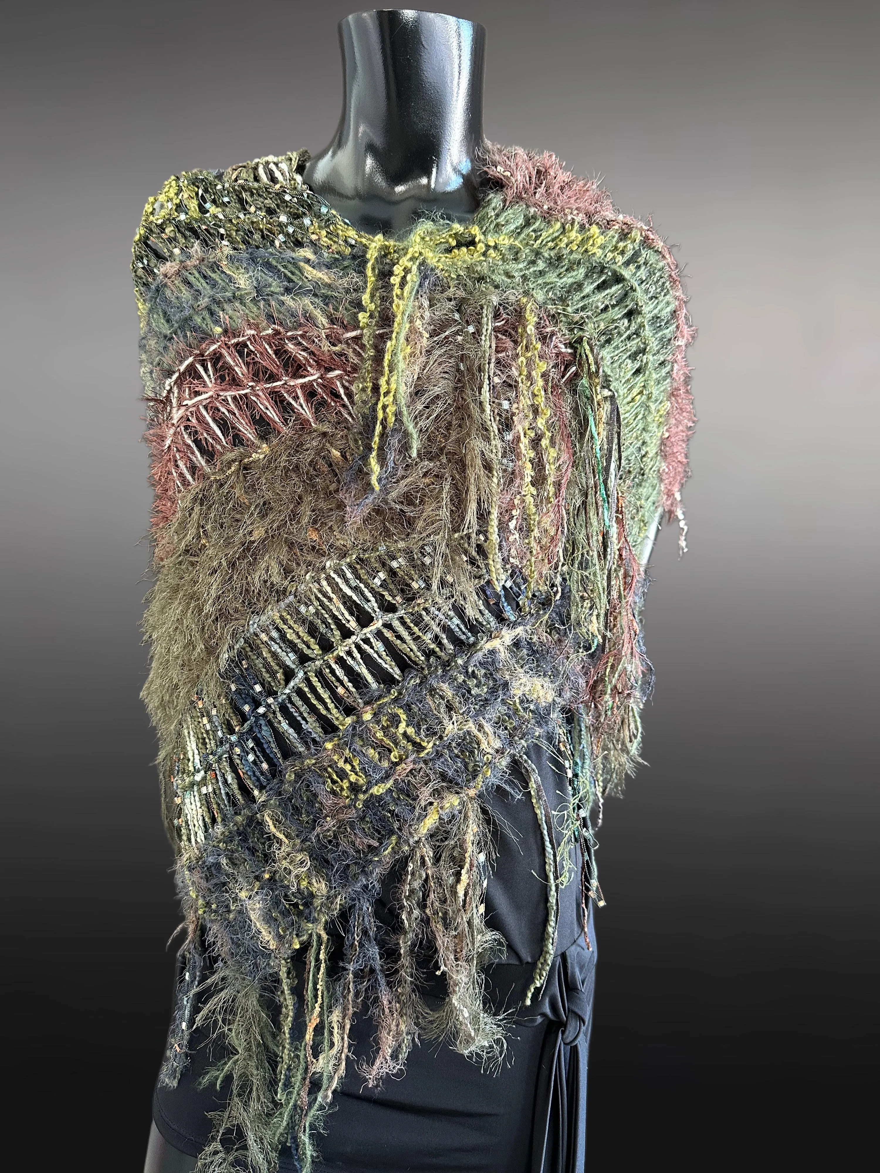 Knit boho poncho, knit wrap pull-over, olive green brown shoulder wrap