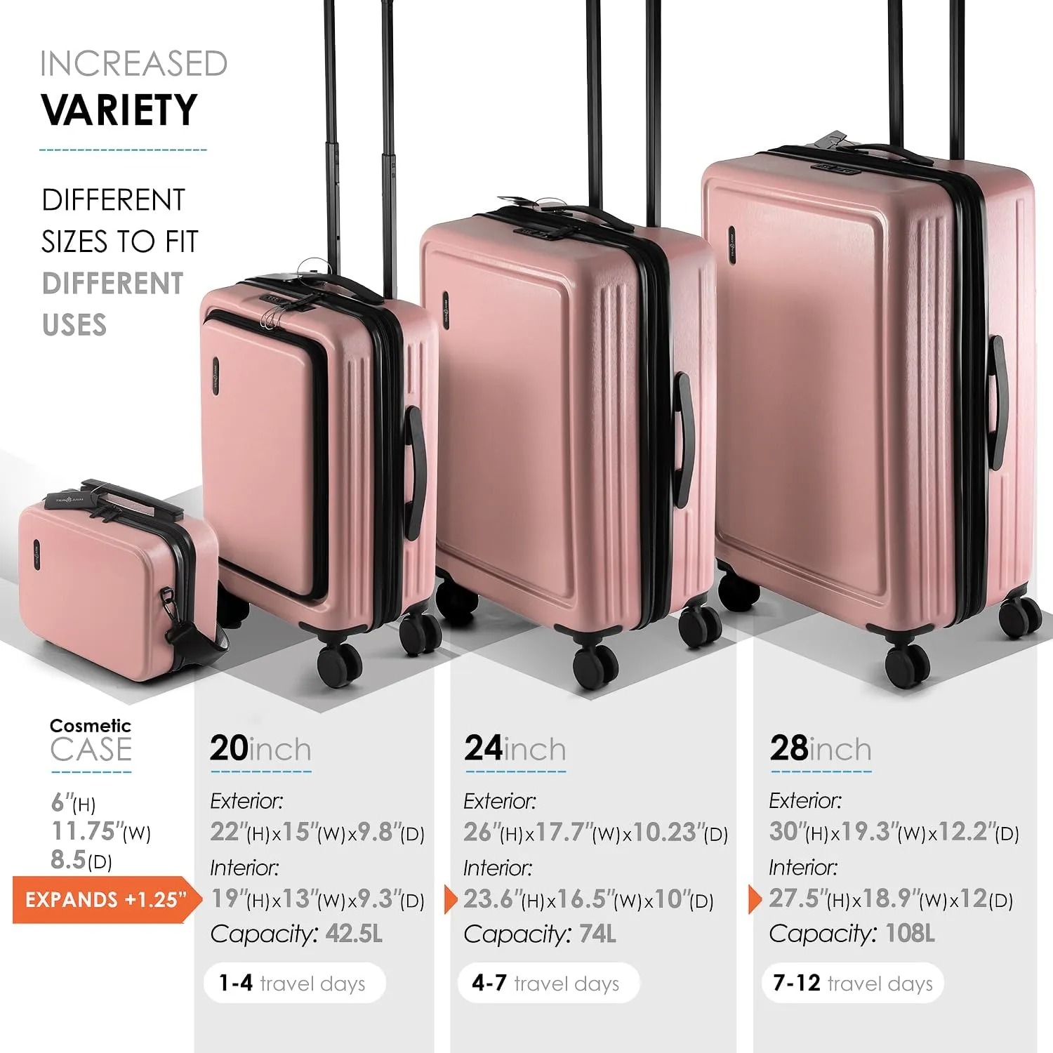 Large Travel Luggage Luggage Full collection Suitcase Expandable Shell 4 Set with Set, Piece, Spinner Suitcases Wheels Sets Large Hard Pink TSA with Best-reviewed Lock,