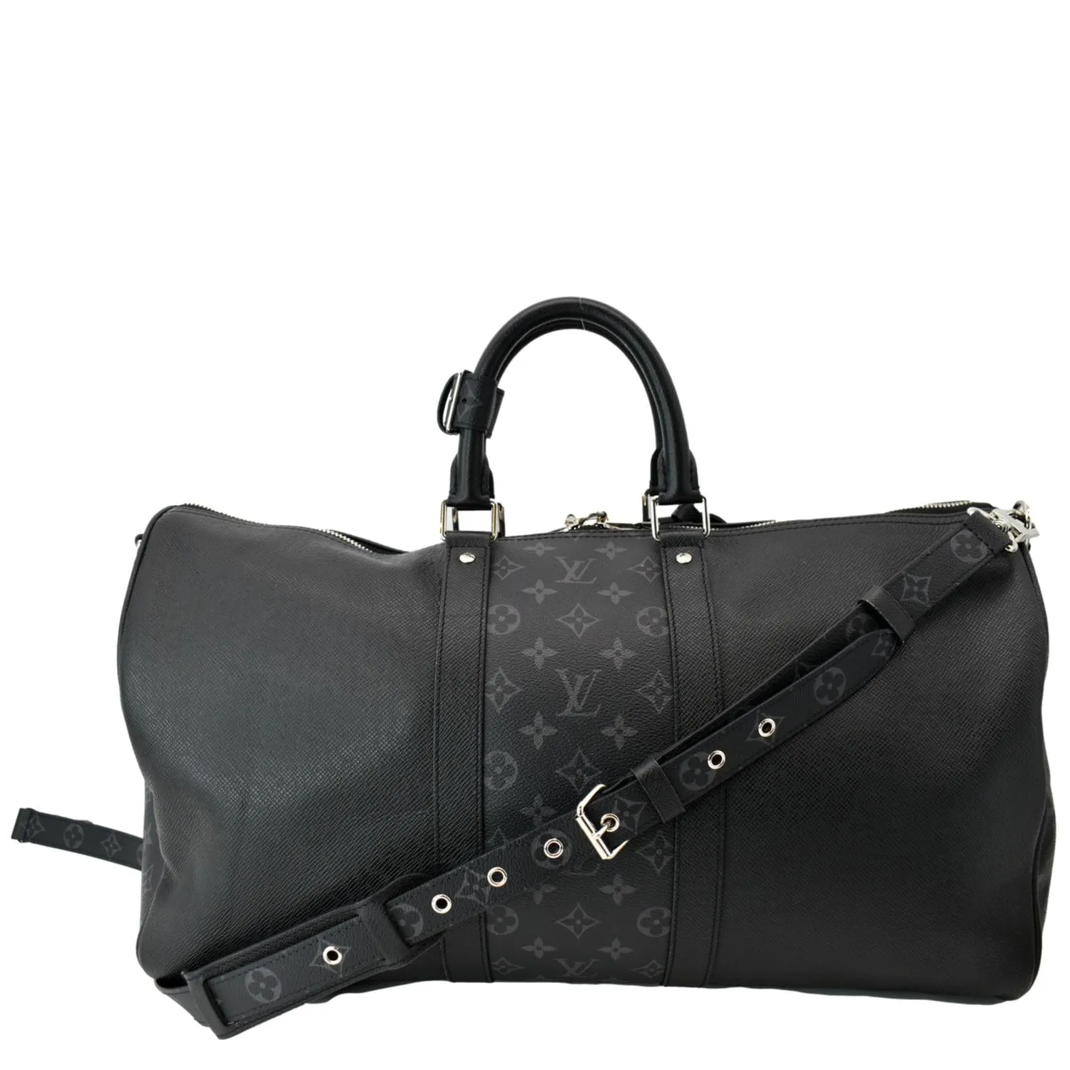 LOUIS VUITTON Keepall 50 Bandouliere Monogram Taiga Leather Travel Bag Black