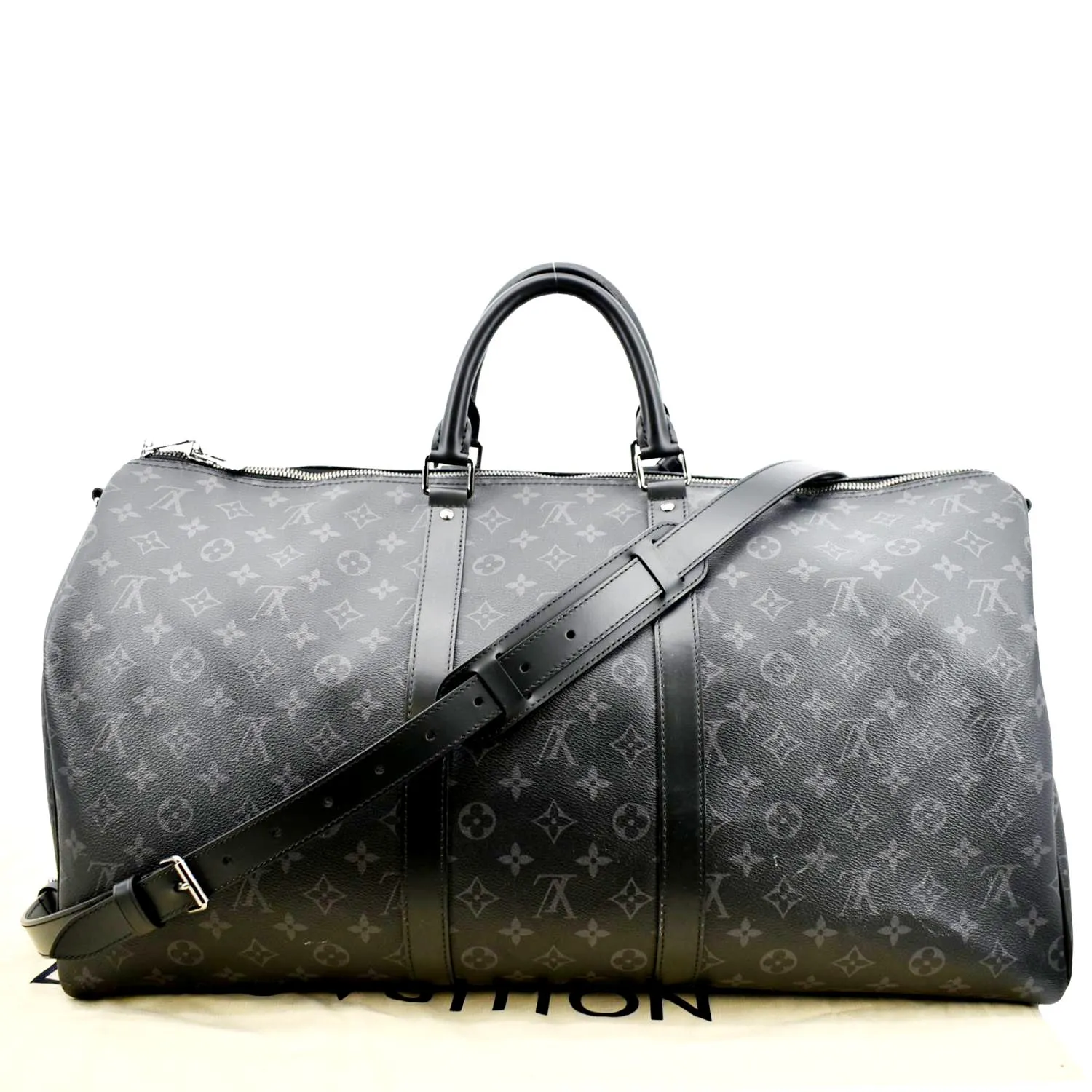 LOUIS VUITTON Keepall 55 Bandouliere Monogram Eclipse Travel Bag Black