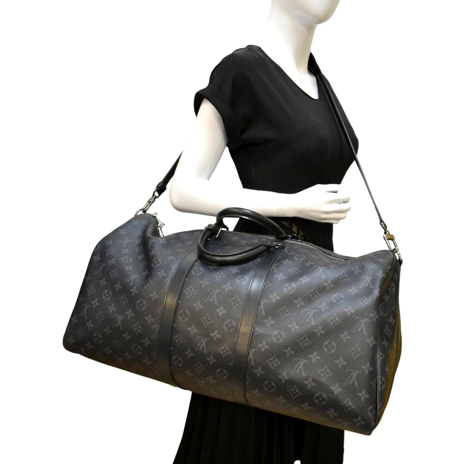 LOUIS VUITTON Keepall 55 Bandouliere Monogram Eclipse Travel Bag Black
